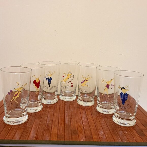 Pottery Barn Reindeer Tumblers Glasses, Set Of 7 (12 Oz Glasses) Footed - Picture 2 of 14